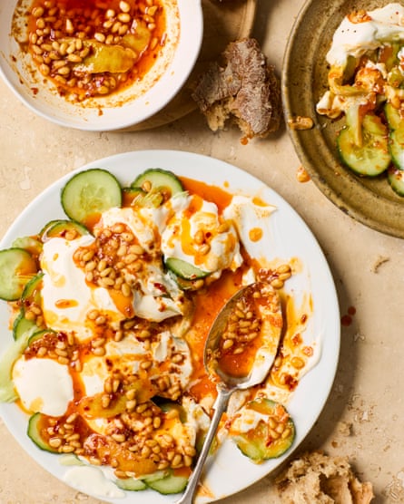 cucumber, celery and yoghurt salad with harissa-pine nut butter