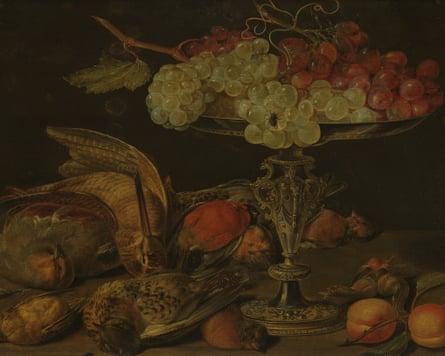 A painting of small game and a platter of grapes on a table