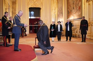 Prof Sir Isaac Julien, an artist and film-maker, is made a knight bachelor by King Charles III at Windsor Castle, UK