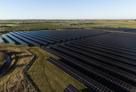 Aerial view of Whitecross Solar Farm in Lincolnshire with rows of solar panels