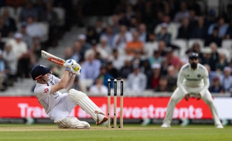 Harry Brook of England hits a ball from Mohammed Siraj of India for six