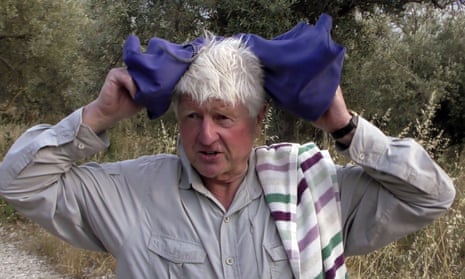Stanley Johnson, father of Britain’s Prime Minister Boris Johnson, speaks with local reporters outside his Villa Irene in Horto village, Mount Pelion (also known as Pilio), central Greece, Friday, July 3, 2020.
