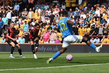 Marcus Tavernier shoots and scores the only goal in Bournemouth’s victory over Wolves.