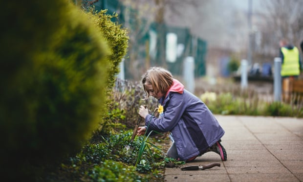 Isla Smart does some gardening in the beds of the local health centre for Incredible Edible Todmorden, 2018.