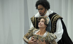 Claire Jamison and Debra Ann Byrd as Desdemona and Othello in the Accusation Scene in the Harlem Shakespeare Festival’s All-Female mainstage production of The Tragedy of OTHELLO: The Moor of Venice.