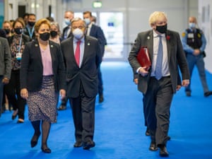 (From left) the executive secretary of the United Nations Framework Convention on Climate Change, Patricia Espinosa, the UN secretary general, Antonio Guterres, and the UK prime minister, Boris Johnson, arrive to attend a meeting with co-facilitators