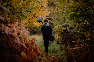 Sheldrake with his recording equipment in woods near the cottage.