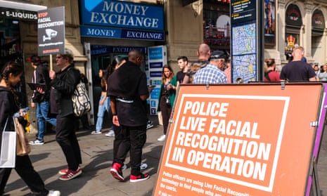A protest against facial recognition software in central London. Police use of live facial recognition is one of the ‘high-risk’ uses targeted by the EU’s AI Act.