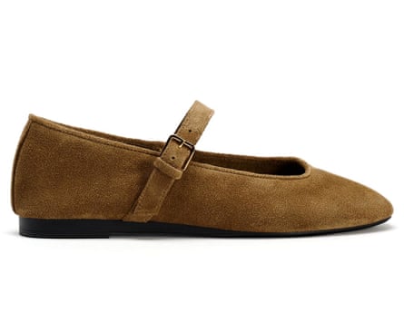 A Zara split suede ballerina in olive green. There is one buckle strap.