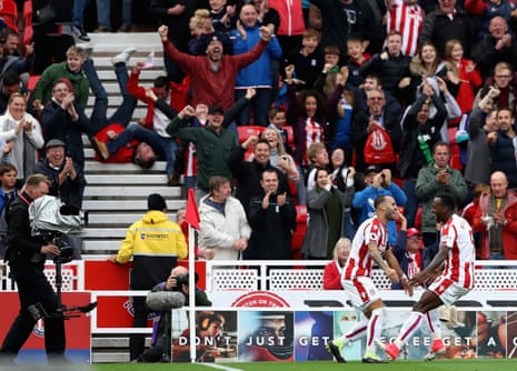 Jese of Stoke City celebrates scoring his sides first goal with Saido Berahino