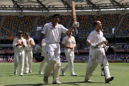 Alistair Cook and Jonathan Trott walk off the field in Brisbane after England declared on 514 for one