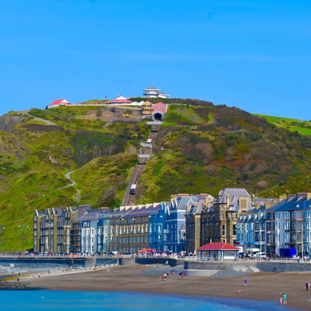 A view of the seafront buildings and funicular, Aberystwyth.