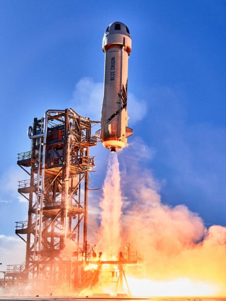 Blue Origin’s New Shepard rocket blasts off near Van Horn, Texas Wednesday.