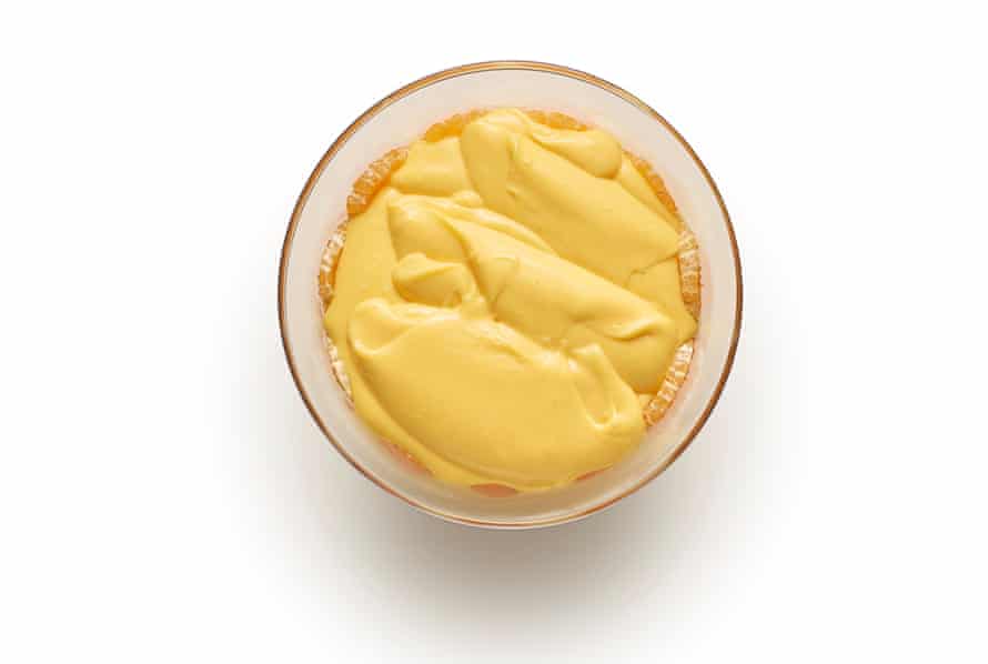 Felicity Cloake’s trifle 8. Pour custard on fruit.