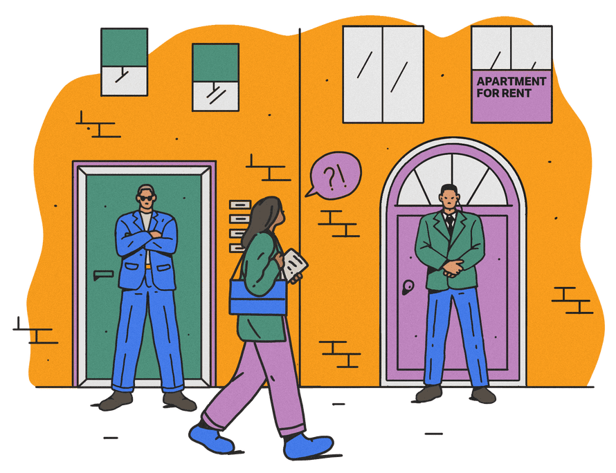 woman walks past buildings with people guarding the doors