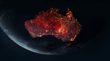 A film still showing a map of Australia lit up by wildfires in the 2021 documentary Burning
