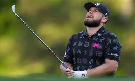 Tyrrell Hatton looks frustrated on the course at Augusta