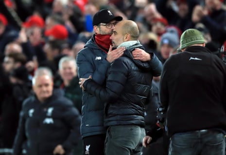 Klopp is congratulated by Guardiola as Liverpool win 3-1.