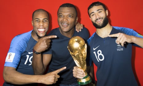Marcel Desailly celebrates France’s second World Cup triumph with Djibril Sidibé (left) and Nabil Fekir (right), 20 years after he helped inspire the nation’s first.