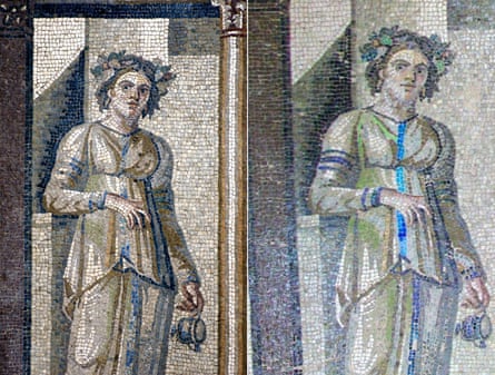 A mosaic before and after restoration, in the Hatay Archaeology Museum, Turkey.