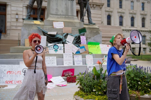 Abortion rights demonstrators protest outside the Indiana statehouse.