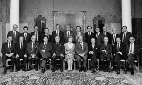 Margaret Thatcher with her cabinet in 1987 in Downing Street. Norman Fowler is sat second from right in the front row.