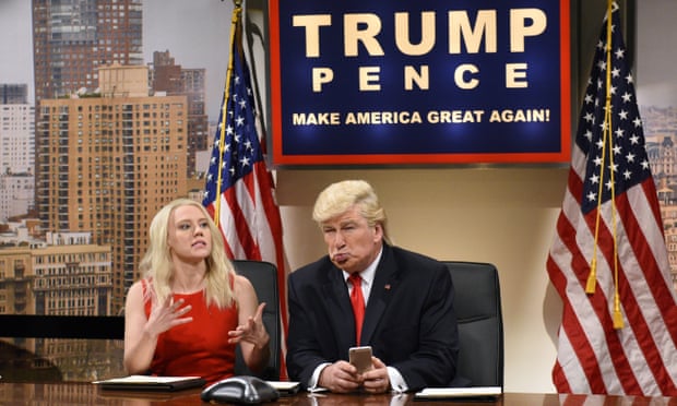 Kate McKinnon as Kellyanne Conway, and Alec Baldwin as President Donald Trump tweeting, on Saturday Night Live.
