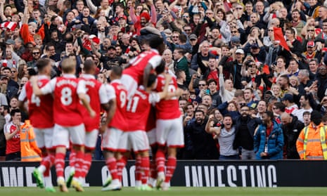 Arsenal v Tottenham Hotspur Premier League<br>Arsenal fans celebrate after scoring their 1st goal during the Premier League match between Arsenal and Tottenham Hotspur at Emirates Stadium on October 1st 2022 in London (Photo by Tom Jenkins)