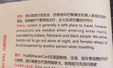 Air China magazine warns London visitors to avoid ethnic minority areas.