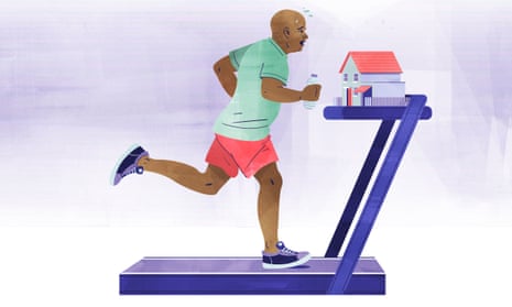 illustration of a man on a running machine trying to reach his mortgage