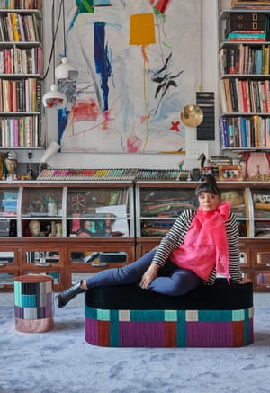 Rhapsody in blue: a Milanese apartment 2 A room of one’s own: Lorenza Bozzoli reclining on one of her creations, surrounded by the tools of her trade.