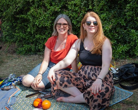 Two women sitting on a picnic blanket