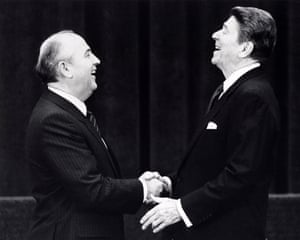 November 1985. US President Ronald Reagan shakes hands at his first meeting with Soviet leader Mikhail Gorbachev, in Geneva. The two leaders met for the first time to hold talks on international diplomatic relations and the arms race.