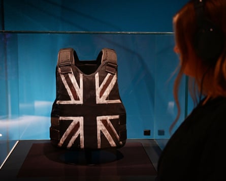 A union jack protective vest in a display case