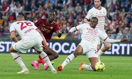 Tammy Abraham scores for Roma against Milan in April.