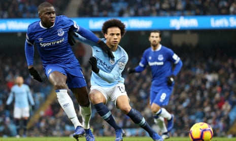Leroy Sané puts pressure on Everton’s Kurt Zouma.