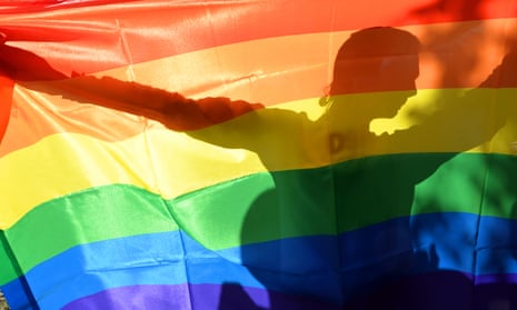 An activist's silhouette is seen through a rainbow flag during a Gay Parade in Kiev on May 25, 2013.