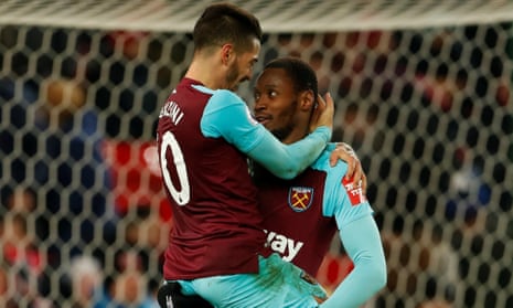 West Ham United Diafra Sakho, right, is congratulated by Manuel Lanzini after scoring the Hammers’ third.