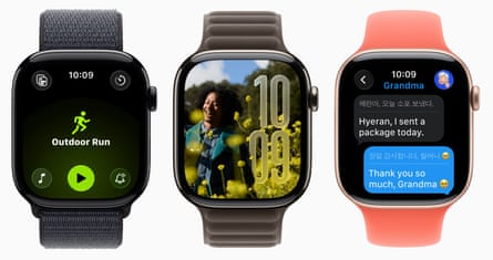 Shots of the Apple Watch screen showing new features of watchOS 26.