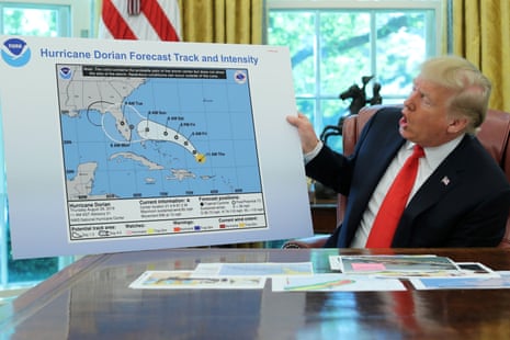 In 2019, Donald Trump held up a chart that showed the original projected track of Hurricane Dorian from the National Weather Service that he had altered by drawing a black line on it to suggest that Alabama might be hit.