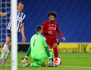 Liverpool’s Mohamed Salah has his shot saved by Brighton and Hove Albion goalkeeper Mathew Ryan.