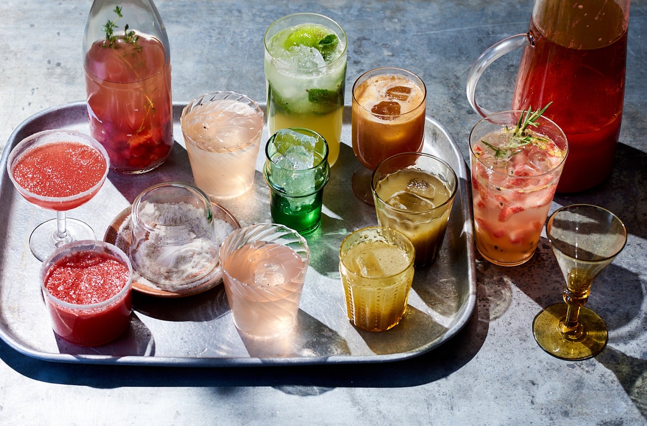 Mark Diacono’s booze-free cocktails (from top left): raspberry and lemon thyme switchel, cucumber mojito, nectarine and Earl Grey iced tea, strawberry, elderflower and passionfruit smash(far right), kiwi and tarragon lemonade and (in far left coupe and tumbler) the watermelon fizz.