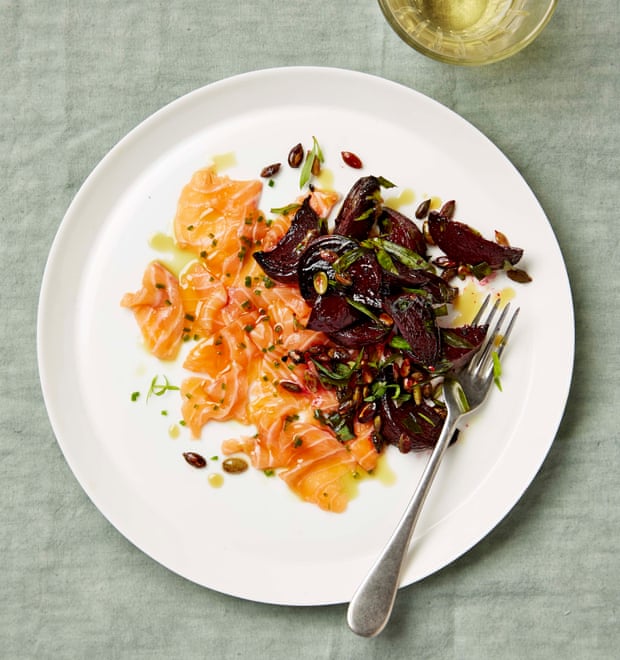 Salmon ceviche with roast beetroot, pumpkin seeds and tarragon