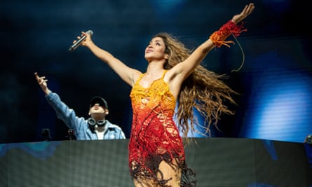 Shakira performs with Bizarrap during the the first weekend of Coachella.