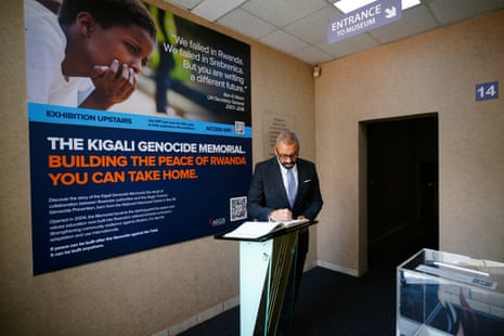 James Cleverly signing a book of condolences at the Kigali Genocide Memorial this morning.