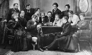 Chekhov reads The Seagull to actors of the Moscow Art Theatre, 1899, with Olga Knipper standing to his left; Vladimir Nemirovich-Danchenko stands far left.Nemirovich-Danchenko stands far left.