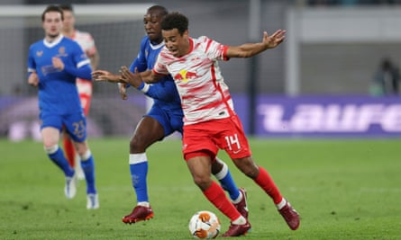 Tyler Adams (right) in action for RB Leipzig against Rangers in the Europa League.