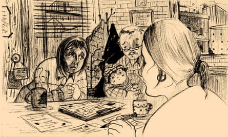 illustration of people talking over a table