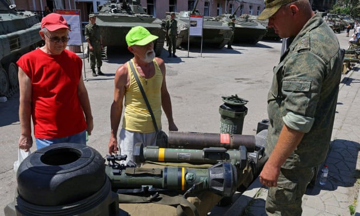 An exhibition of Ukrainian army hardware and weapons left in the city after its withdrawal from Lysychansk.