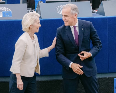 European Commission President Ursula von der Leyen greeting Canada's prime minister Mark Carney during her annual keynote address to the European Parliament in Strasbourg, eastern France.